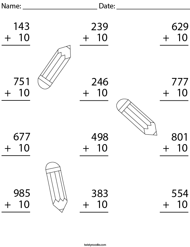 Add 10 To Each 3 Digit Number Math Worksheet Twisty Noodle